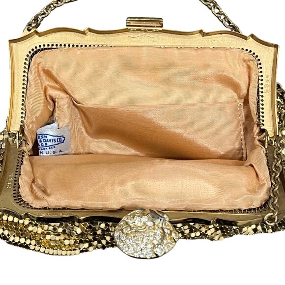 Vintage Whiting & Davis Gold Mesh Evening Bag With Rhinestone Clasp And Chain Ha - Picture 3 of 10